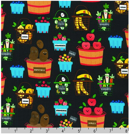 Produce - Farm to Table - Black - Ann Kelle - Digital Print - Cotton Fabric